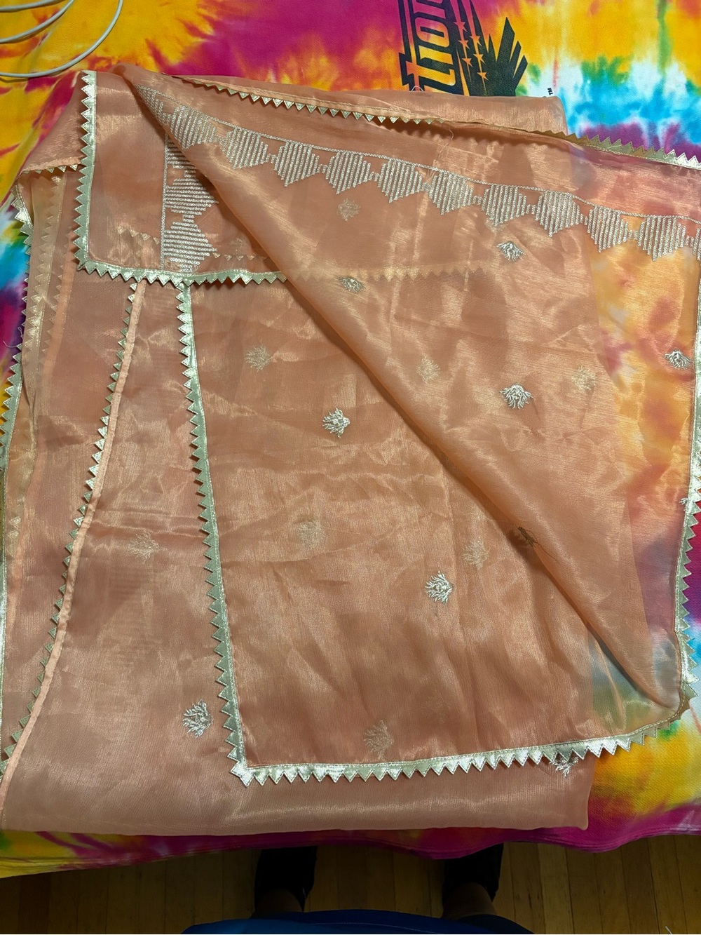 Peach organza dupatta silver zari embroidered Gota Patti border Indian wear